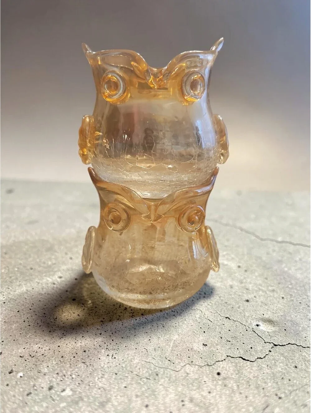 Set of 2 Amber Iridescent Crackle Glass Owl Votive Tealight Holders Pier